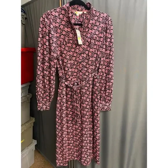 Boden Midi Shirt Dress Women's 8R Column Purple Black Floral Wild Rose B98 - Picture 5 of 8